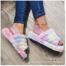 Women Faux Fur Outdoor Slippers Flat Open Toe Furry Plush Casual Plus Size Lady Sandals Mule Slides